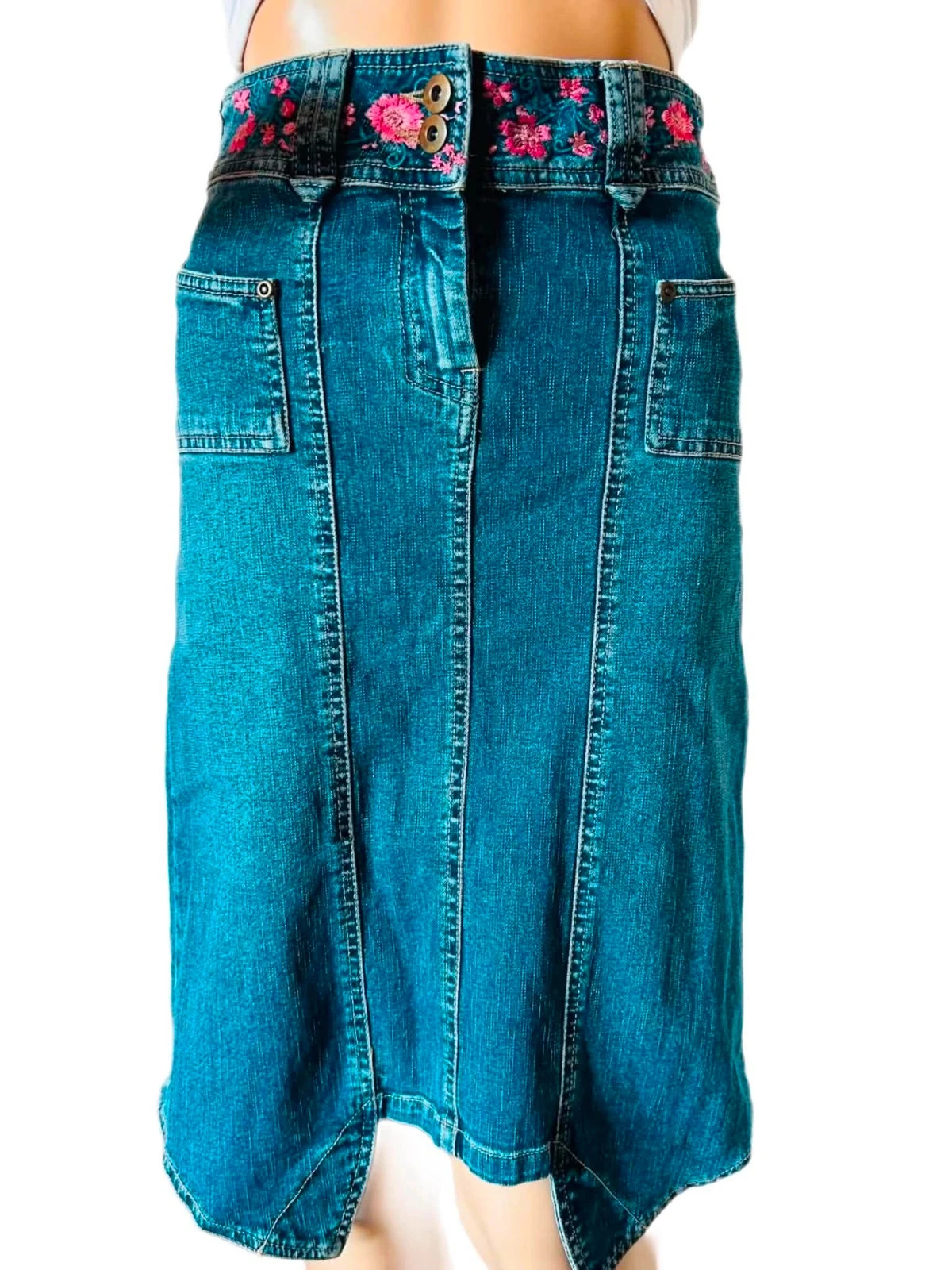 🦋Jupe en jean brodée vintage 2000 Y2K boho folk hippie cottage floral embroidery denim skirt 34/36🌸 – photo 18